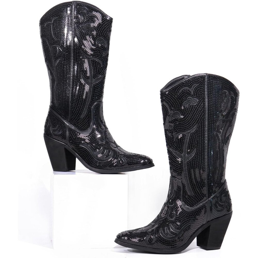 Women's Sequin Black Fashion Western Zipper Pointed Toe Embroidered Boots - Picture 6 of 6